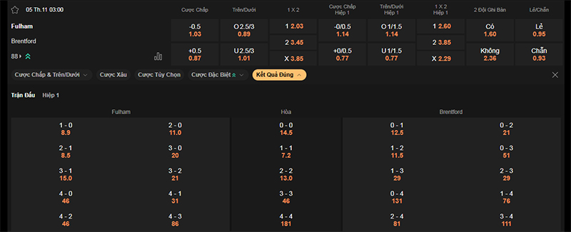 Thông tin bảng tỷ lệ kèo bóng đá Fulham vs Brentford